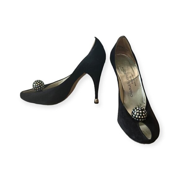 Vintage Charles Jourdan Black Suede Heel with Rhinestone Ball. Size 7 2A - Picture 2 of 15